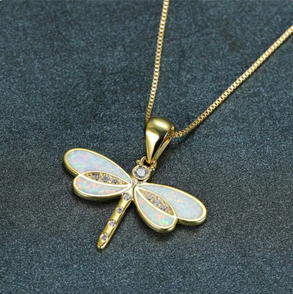 Simulated Opal Dragonfly Pendant Necklace