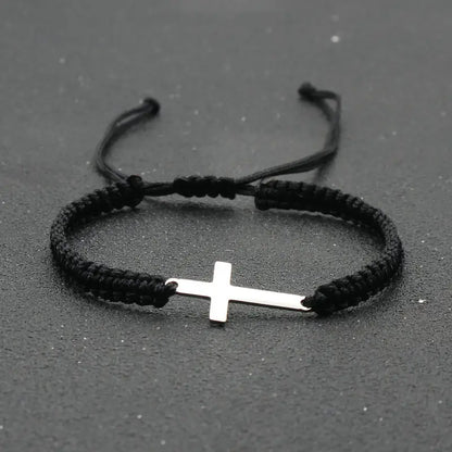 Handwoven Cross Bracelet With Silver Threads Charms
