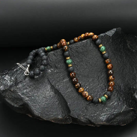 Opulent Tiger Eye Bead StatementNecklace Golden Clasp