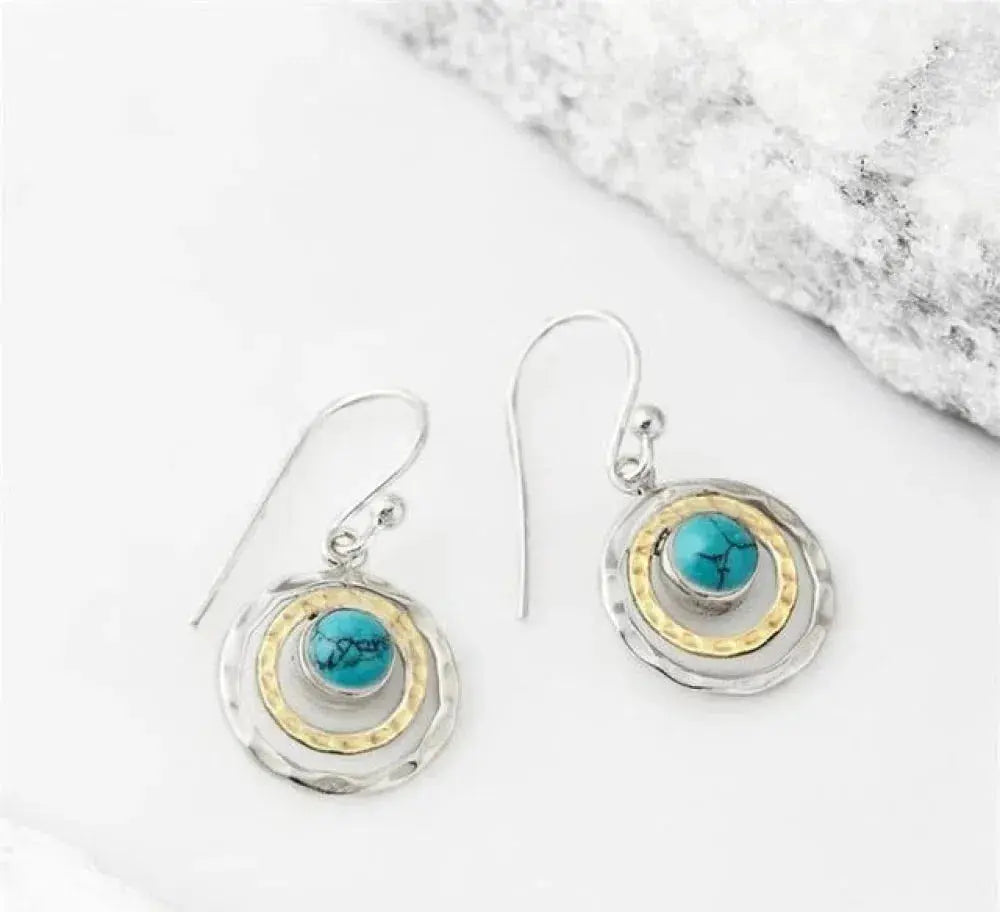 1+1 Offer: Boho saturn earrings with turquoise stone in silver and gold
