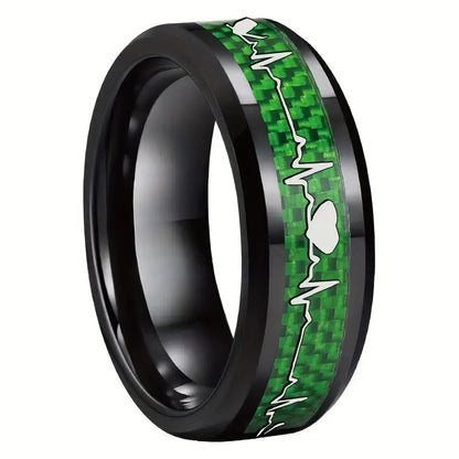 Titanium Stainless Ring Heartbeat Carbon Fiber Inlay