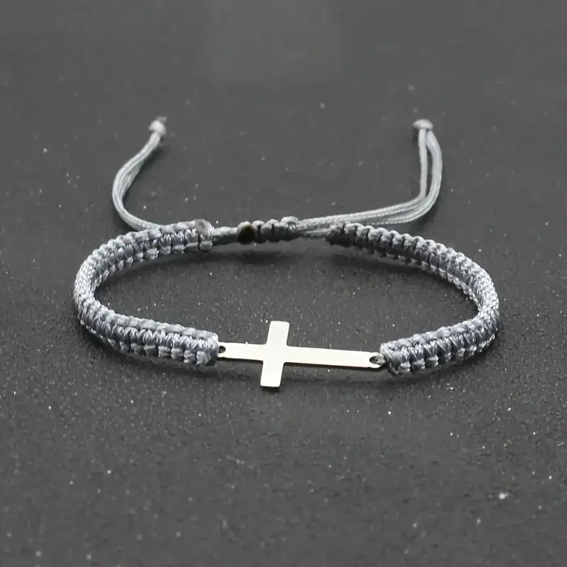 Handwoven Cross Bracelet With Silver Threads Charms