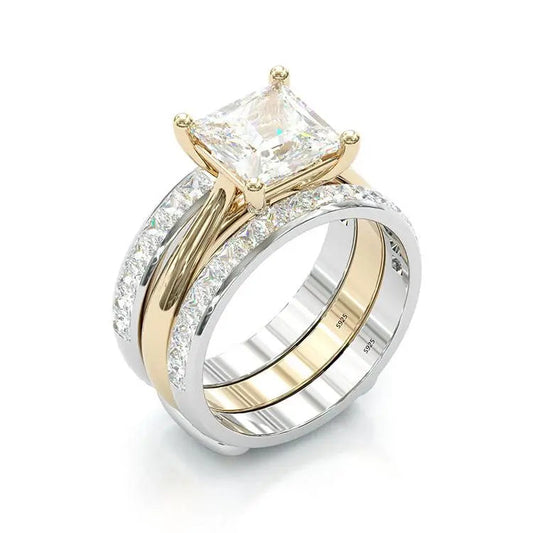 1+1 Offer: Timeless Princess Cut Bridal Ring Set – Gold & Silver