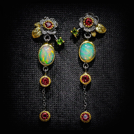 1+1 Offer: Boho Earrings with Opal and Red Zirconia