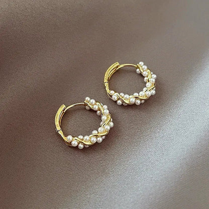 1+1 Offer: Elegant round pearl earrings with inlays