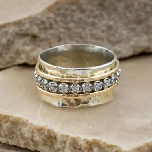 1+1 Offer: Vintage Spinner Zirconia Gold & Silver Ring