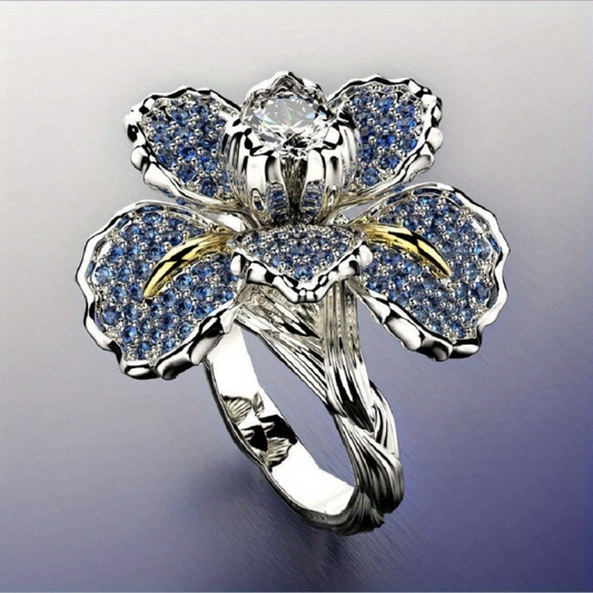 1+1 Offer: Silver ring with blue flower and crystal