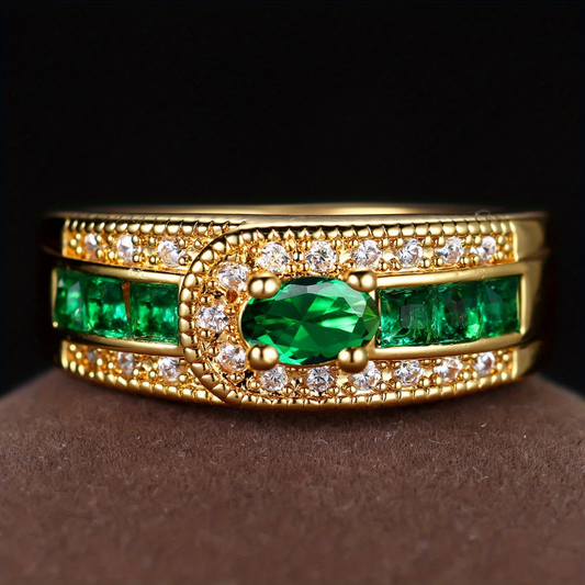 1+1 Offer: Vintage gold ring with cubic zirconia and green stones