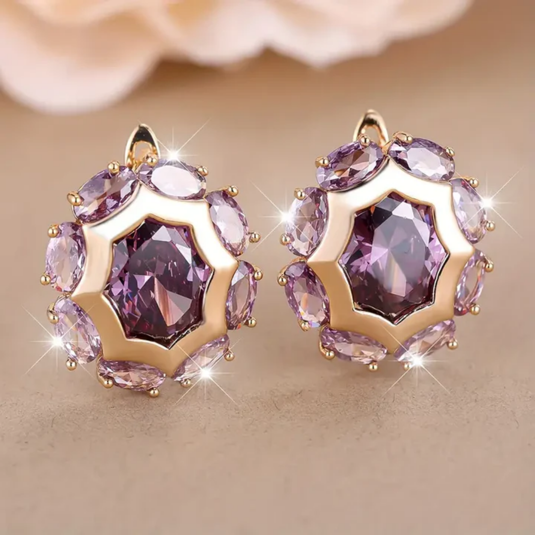 1+1 Offer: Rounded Violet Zirconia Gold Earrings