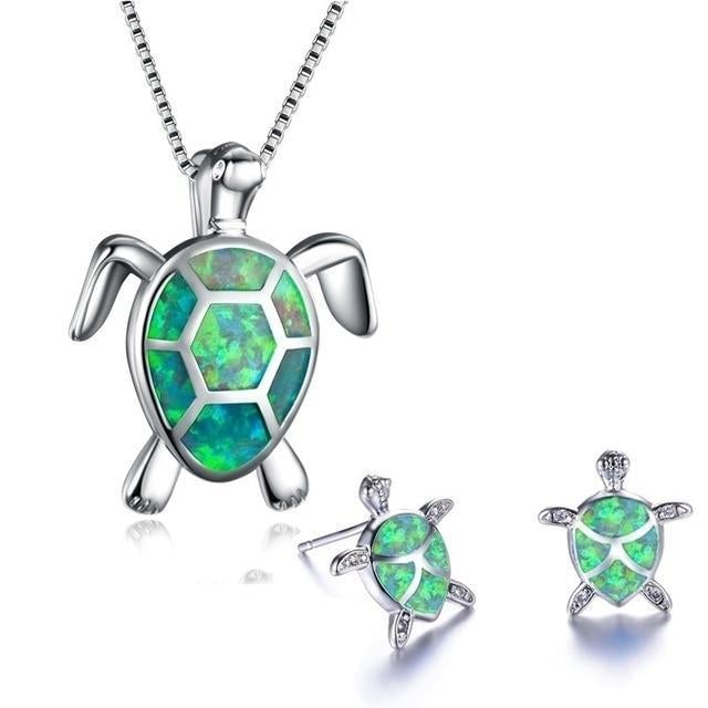 1+1 Offer: Sea Turtle Necklace + Earrings Set in Opal and Silver