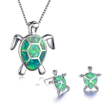 1+1 Offer: Sea Turtle Necklace + Earrings Set in Opal and Silver